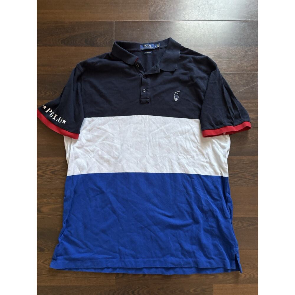 Rare 2018POLO RALPH LAUREN Men’s POLO SHIRT Cotton Navy White Blue Red TRIM Sz L